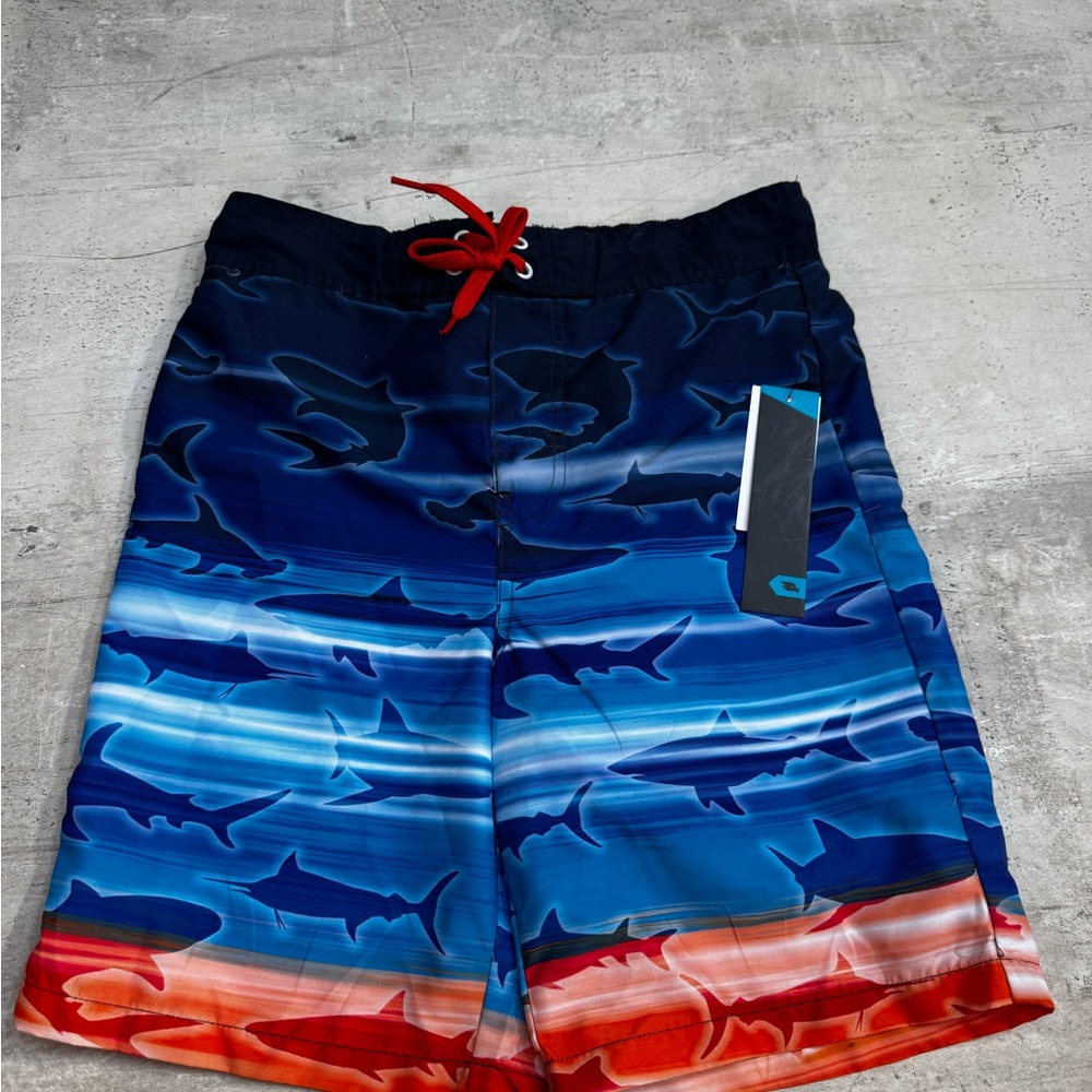 Tony Hawk Blue and Red Swim Trunks with Ocean-Inspired Design